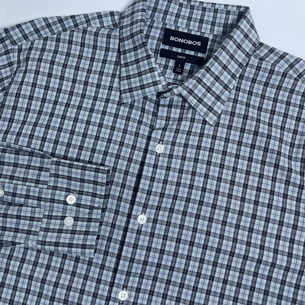 Bonobos Men's Large Button Up Shirt Plaid Slim Fit Stretch Blue Gray Black